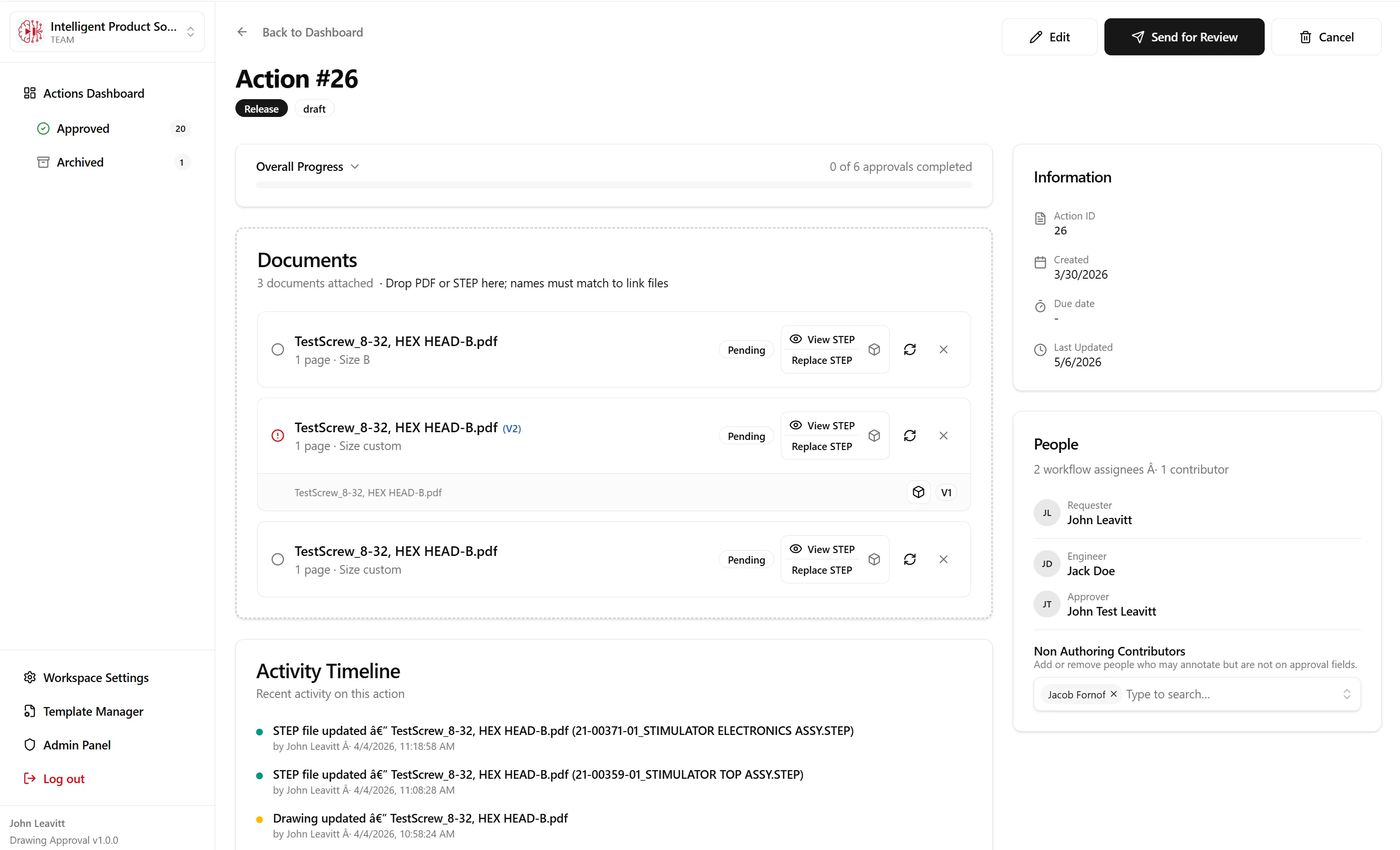 Aproveo action detail view with documents, approvals, and activity timeline